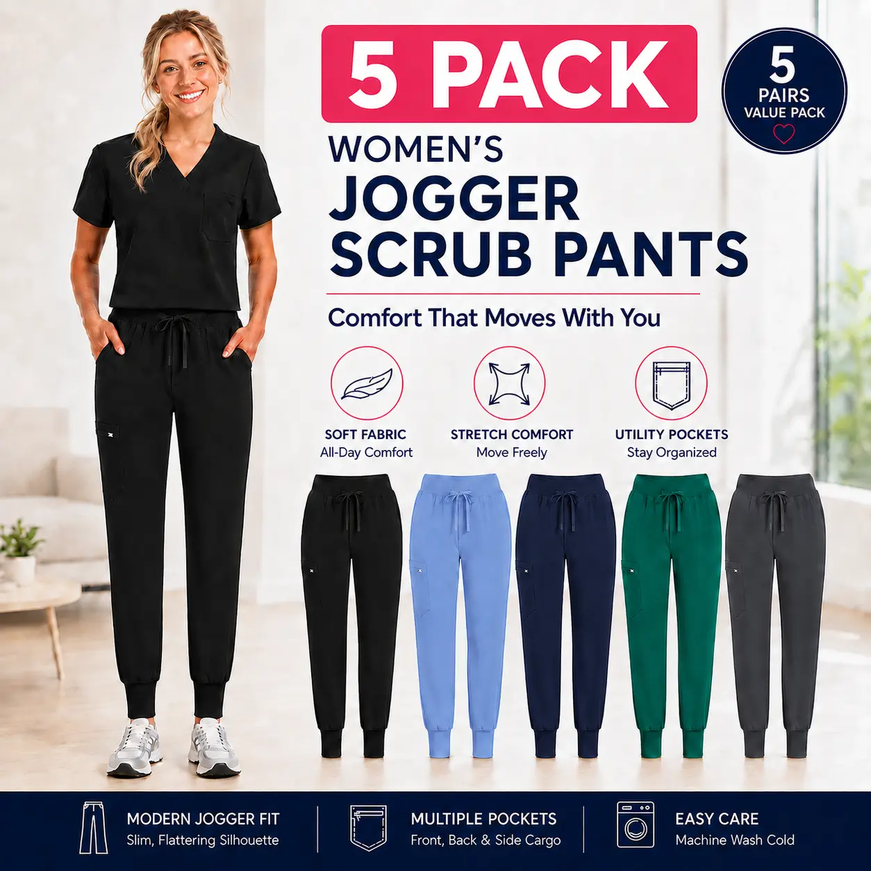Women's 5-Pack Solid Scrub Joggers - High Waist Elastic Waist Breathable Material Lightweight Cargo Polyester Pants, Modern Fit, 4-Way Stretch, Machine Washable for Medical Work, Breathable Material Jogger, Elastic Waist Joggers