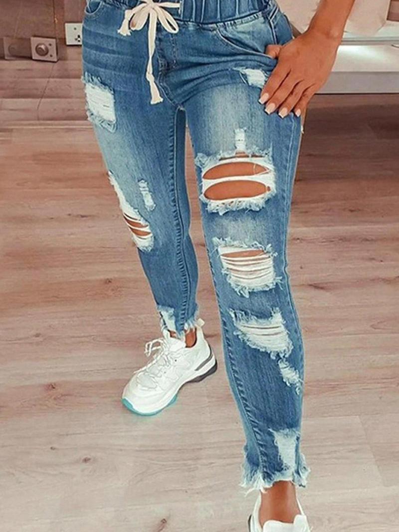 【Plus Size】 Solid Color Ripped Jeans, Casual Fashion Denim Pants for Daily Outdoor Wear, Women Plus Clothing for Summer 【Plus Size】 Solid Color Ripped Jeans, Casual Fashion Denim Pants for Daily Outdoor Wear, Women Plus Clothing for Summer