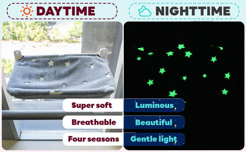 Cat Window Perchfor Large Cats,Glow in The Dark,Hammock with Hook Design Double-Sided Fabric Cover, Foldable Window Seat,Sunbathing