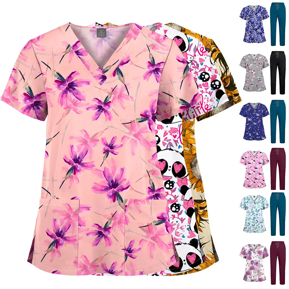 Printed V-neck elastic quick-dry workwear set nurse uniform cute pattern pediatric clinic scrub suit for men