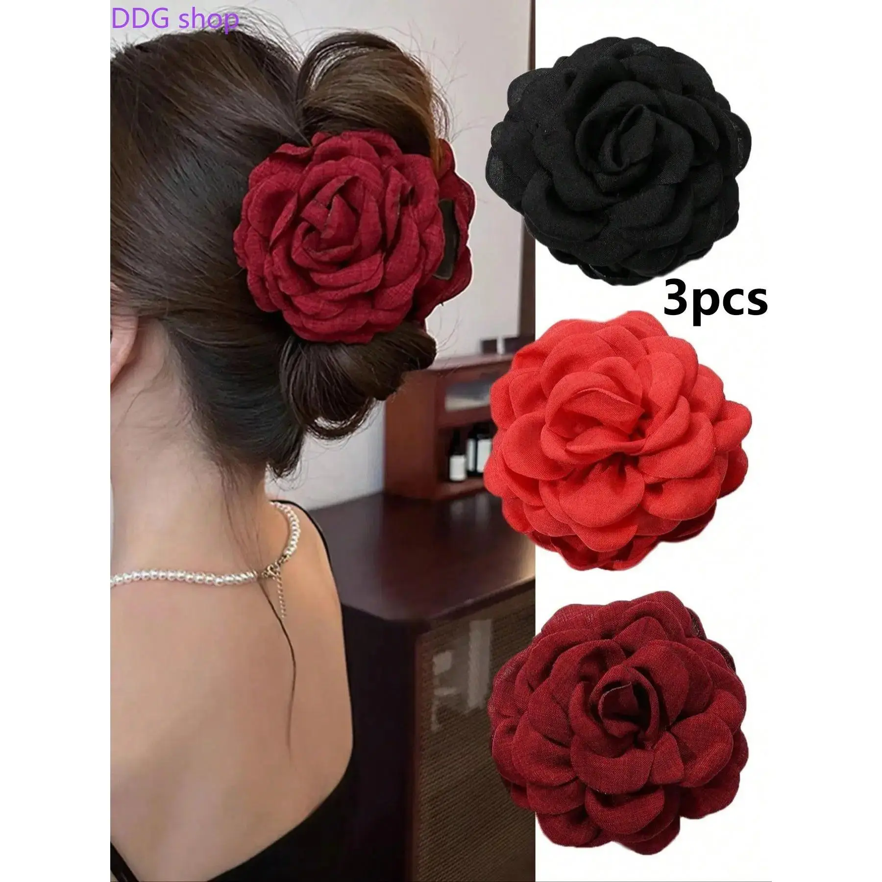 3Pcs Large Fabric Rose Flower Hair Claw Clip, Vintage Oversized Floral Banana Barrette, Soft Cloth Bloom Hair Accessory for Women Updo Hairstyle, Wedding Party, Retro Outfit & Evening Occasion