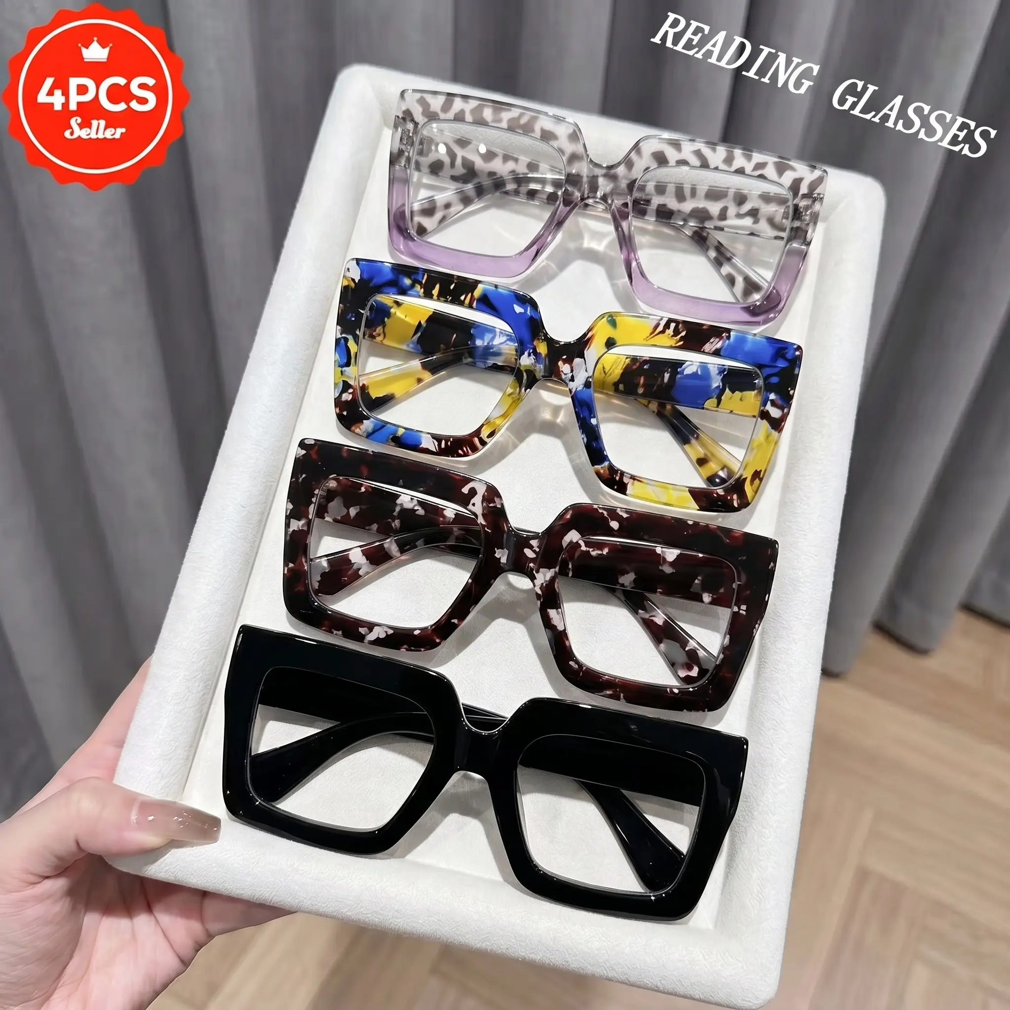 4 Pairs Trendy Large Frame Reading Glasses Set, Blue Light Blocking, Multiple Diopters, Slimming Women's Fashion Eyeglasses, Fashionable Frames Glasses