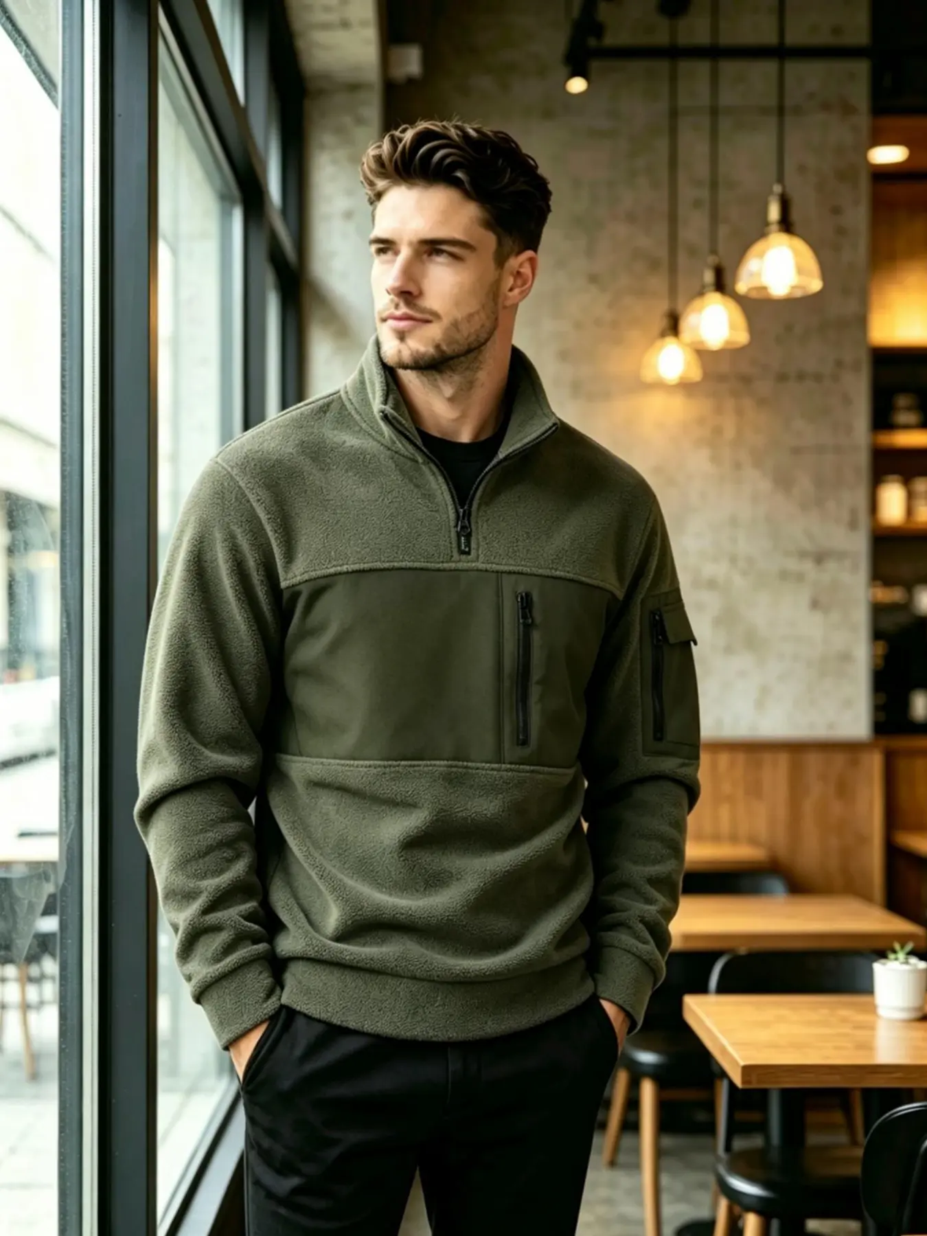 Men's stand collar half-zip sweater, casual long-sleeved pull-over top, soft and warm sweater