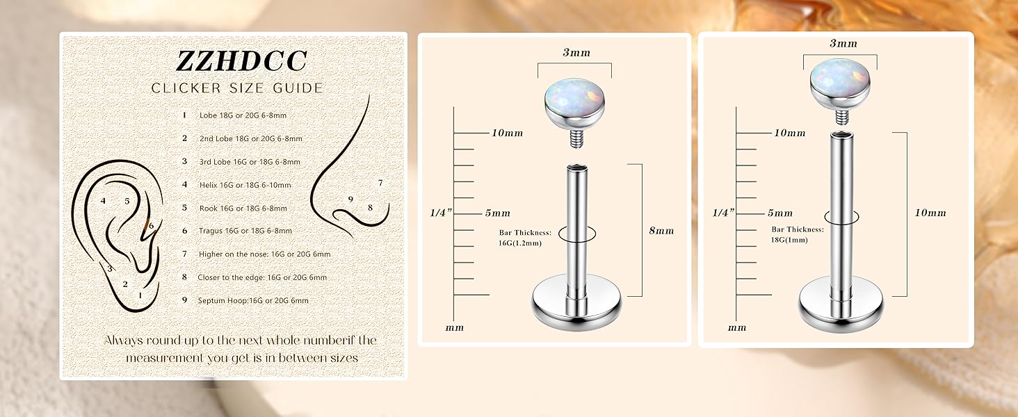 15PCS 16G 18G Stainless Steel Lip Studs for Women Internally Threaded Labret Lip Ring CZ Opal Flat Back Nose Rings Stud Cartilage Helix Tragus Earrings Piercing