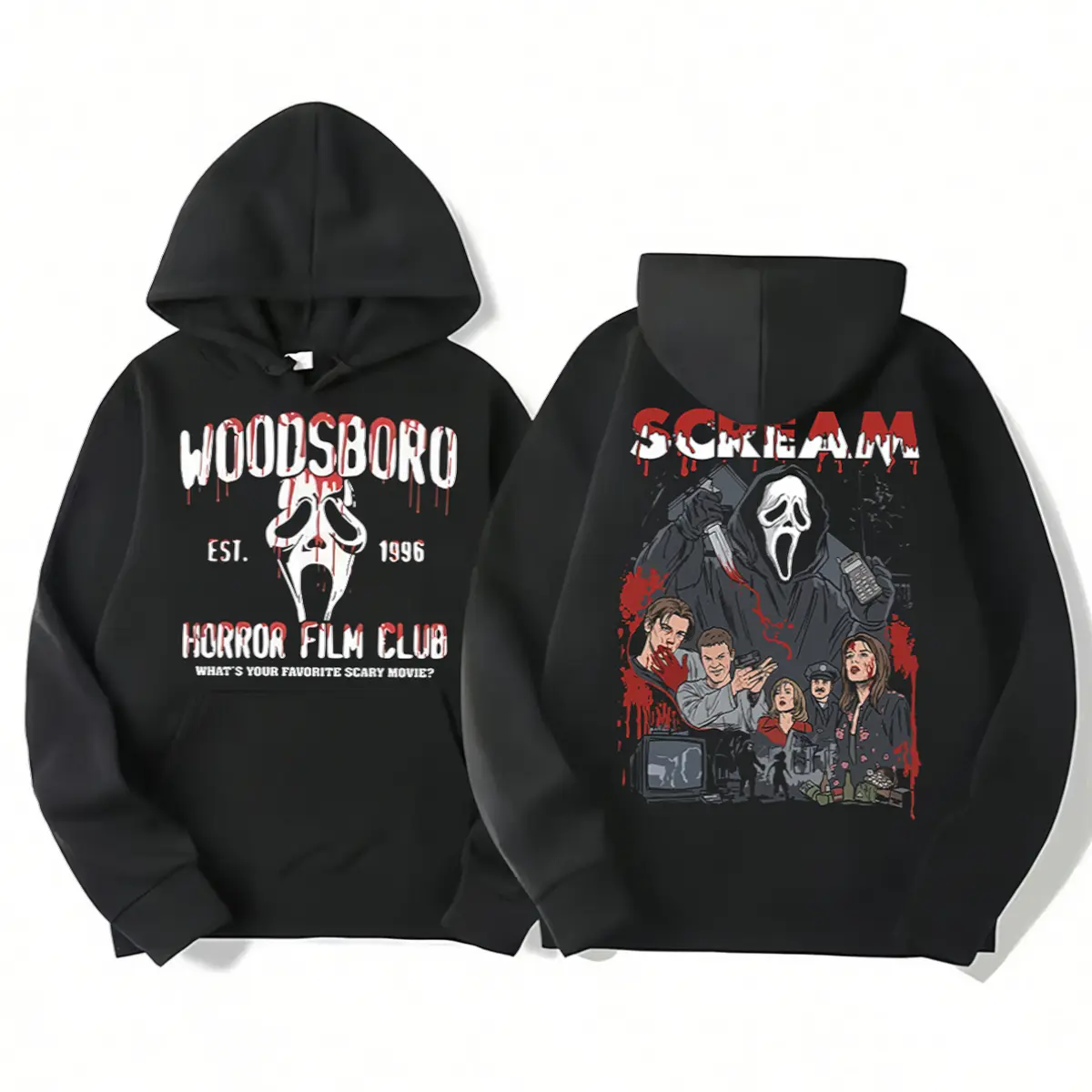 Men's & Women's Horror Ghost Graphic Double-Sided Cotton-Poly Pullover Hoodie - Spooky Halloween Crew Neck, Full Length Heavyweight Sweatshirt, Hand Wash Ok, Streetwear Party Outfit (Pullovers for Women Inclusive)