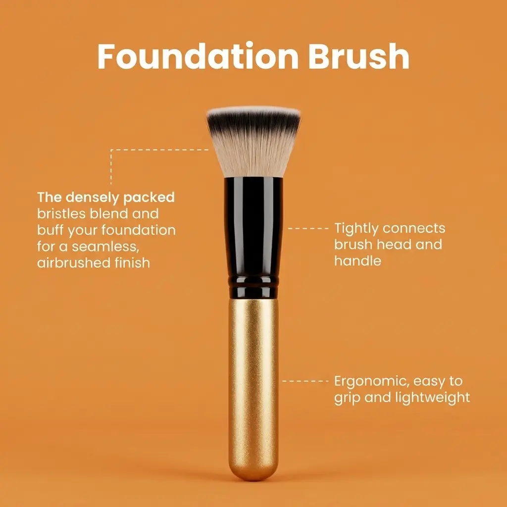 Luxury Gold Foundation Brush, Dense Soft Synthetic Fiber Bristles, Ergonomic Lightweight Handle, Seamless Airbrush Finish, Denser Brush