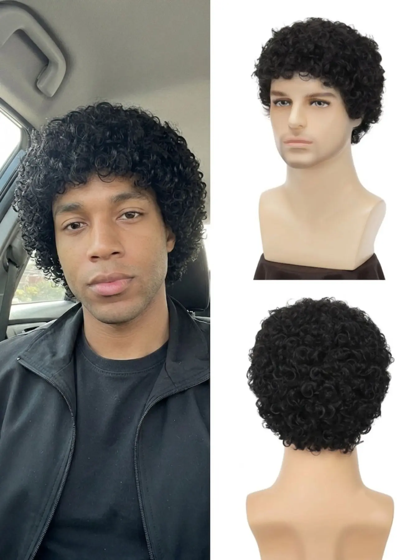 Afro Kinky Curly Wig for Men Short Black Male Toupee Synthetic Hairpiece Glueless Full Wigs Natural Looking Heat Resistant Replacement Hair for Daily Wear Cosplay Party Beginner Friendly Minimalist Hairline Upgrade