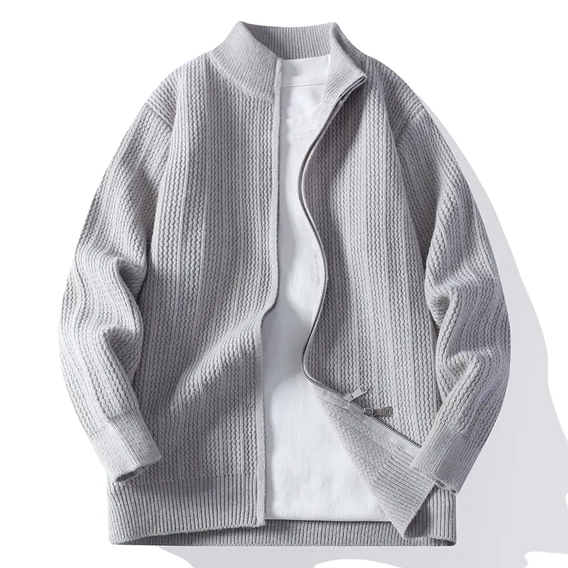 stand collar full zip knit cardigan jacket with vertical waffle textured knitting fabric, dual metal zipper design, ribbed cuffs and hem,  minimalist casual style ideal for spring and autumn daily commutes and outdoor leisure activities