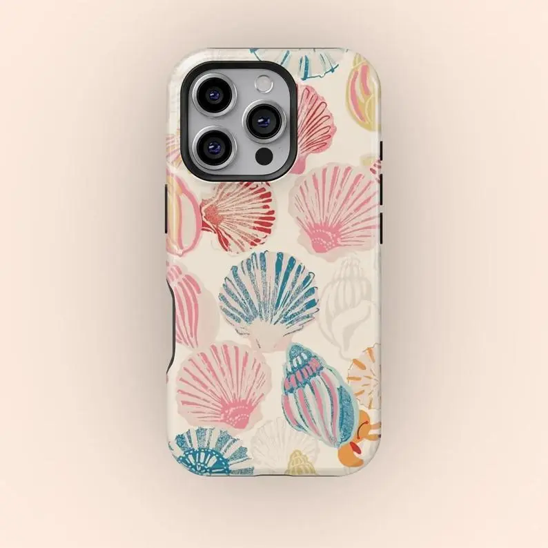 Vintage Seashell Pattern Protective Durable Cellphone Case - Beachy Tropical Casing Cover for iPhone 11/12/13/14/15/16/17 Pro, ProMax, Plus, Air Devices