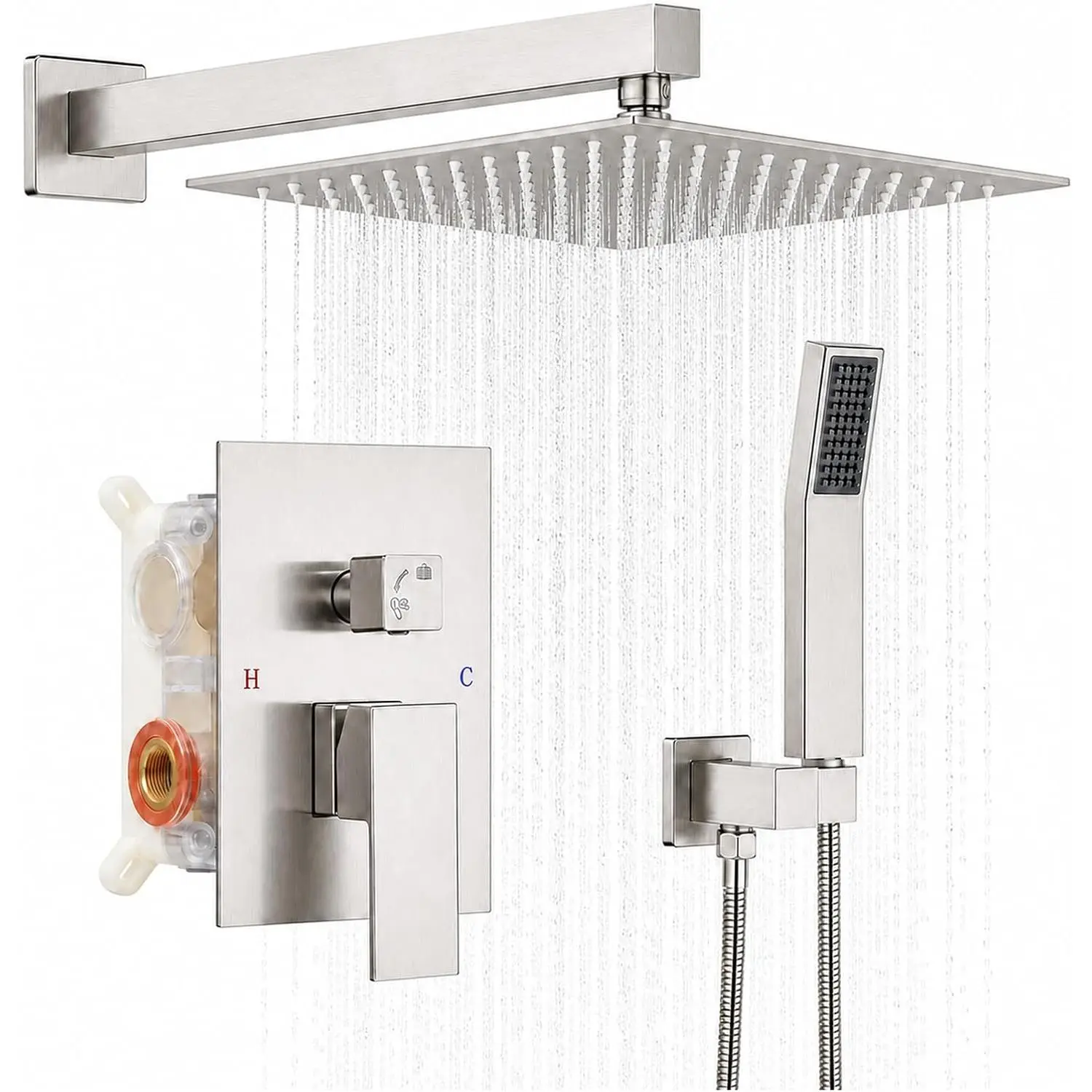 10" Rainfall Shower Faucet Set with Handheld Combo, Brushed Nickel | Wall Mounted,  Handle, Rough-in Valve, 1/2" NPT
