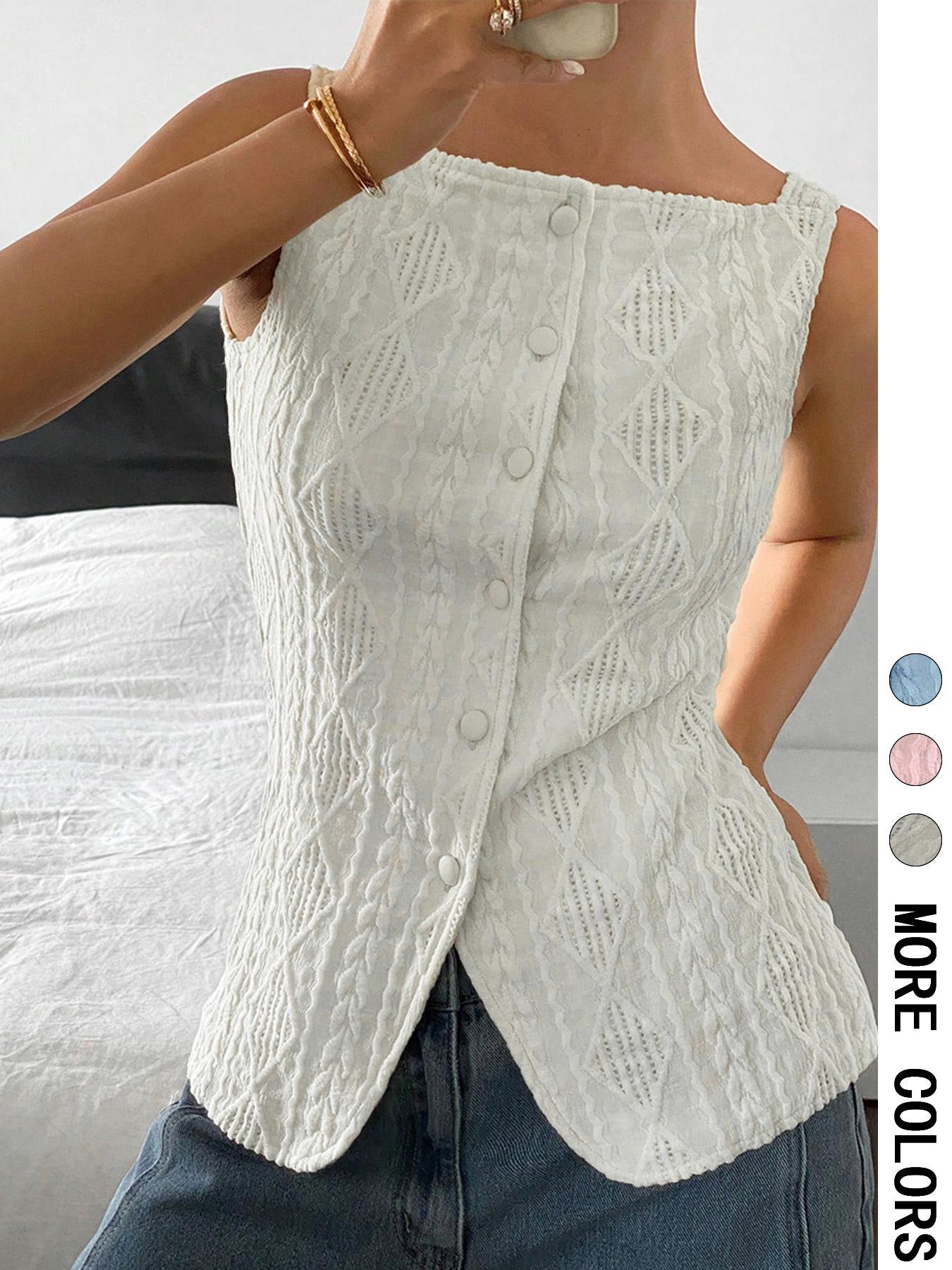 Women's Geometric Pattern Button Front Tank Top, Casual Fitted Sleeveless Top for Daily Wear, Ladies Clothes for All Seasons