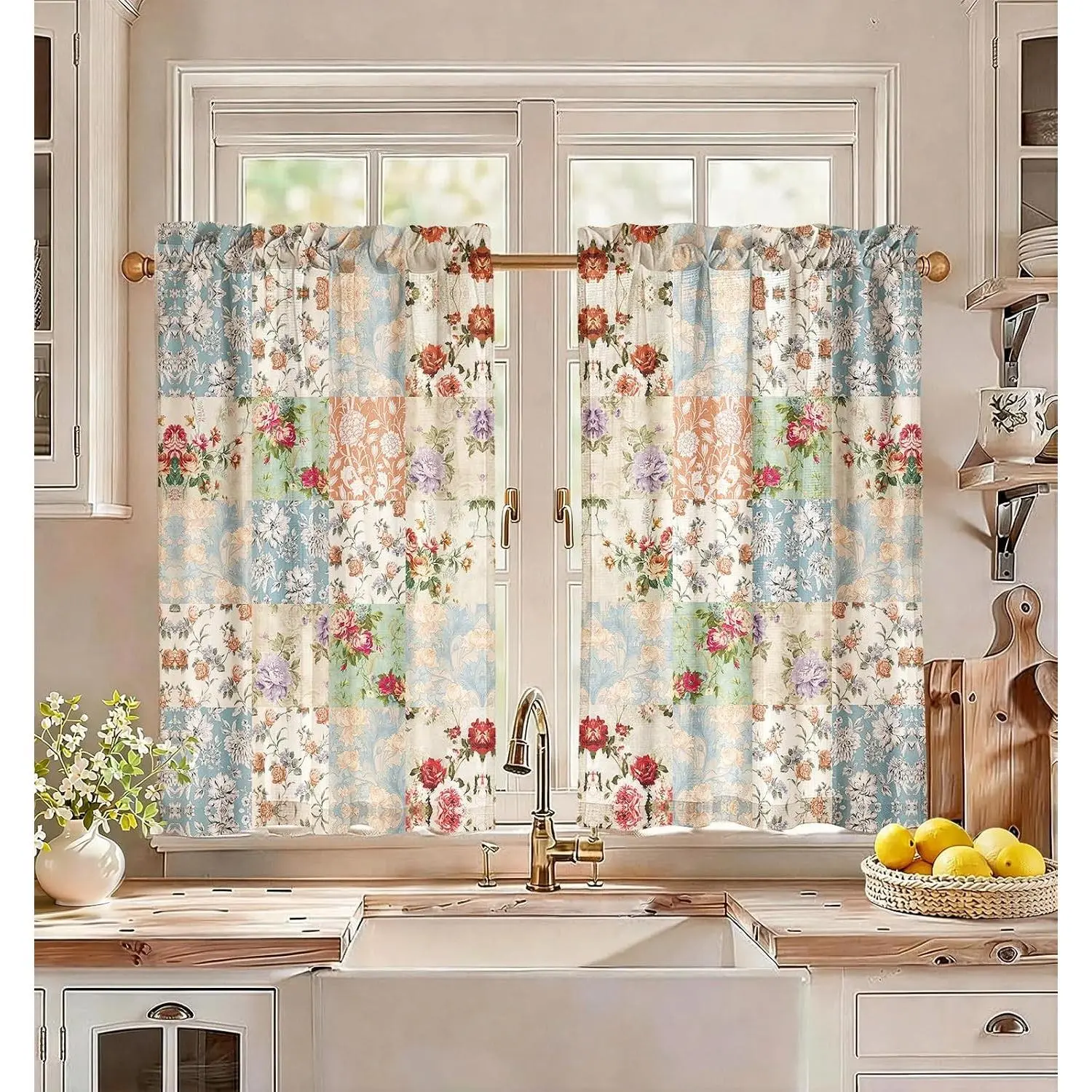Miss Adola Boho Tiered Drapery 36in Length, Linen Blend Vintage Floral Country Rod Pocket Light Filter Window Covering, 2 Panels for Kitchen/Bath