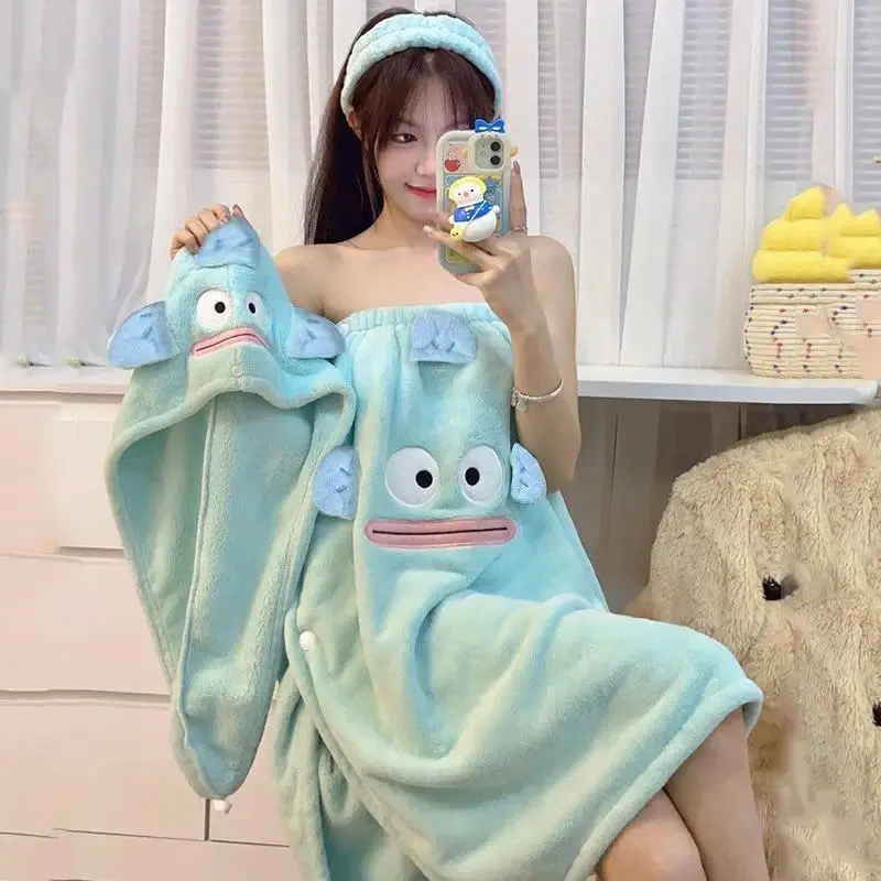 【Sanrio Character】Cartoon Hangyodon Towel With Dry Hair Cap Suitable Women Can Wrapped Adult Children Cartoon Bath Towels