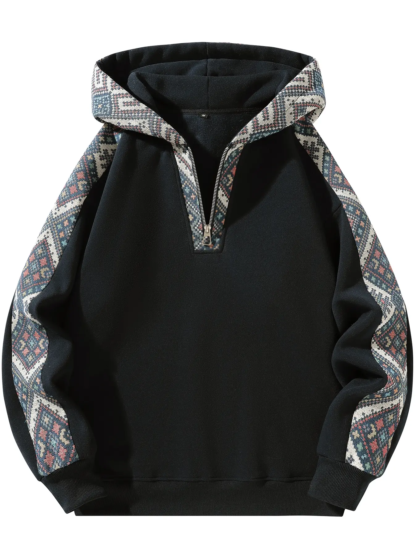 トップス CHARACTERS PATCHWORK ZIP SWEAT HOODIE Unisex Half-Zip Hoodie, Vintage Ethnic Patchwork Sweatshirt