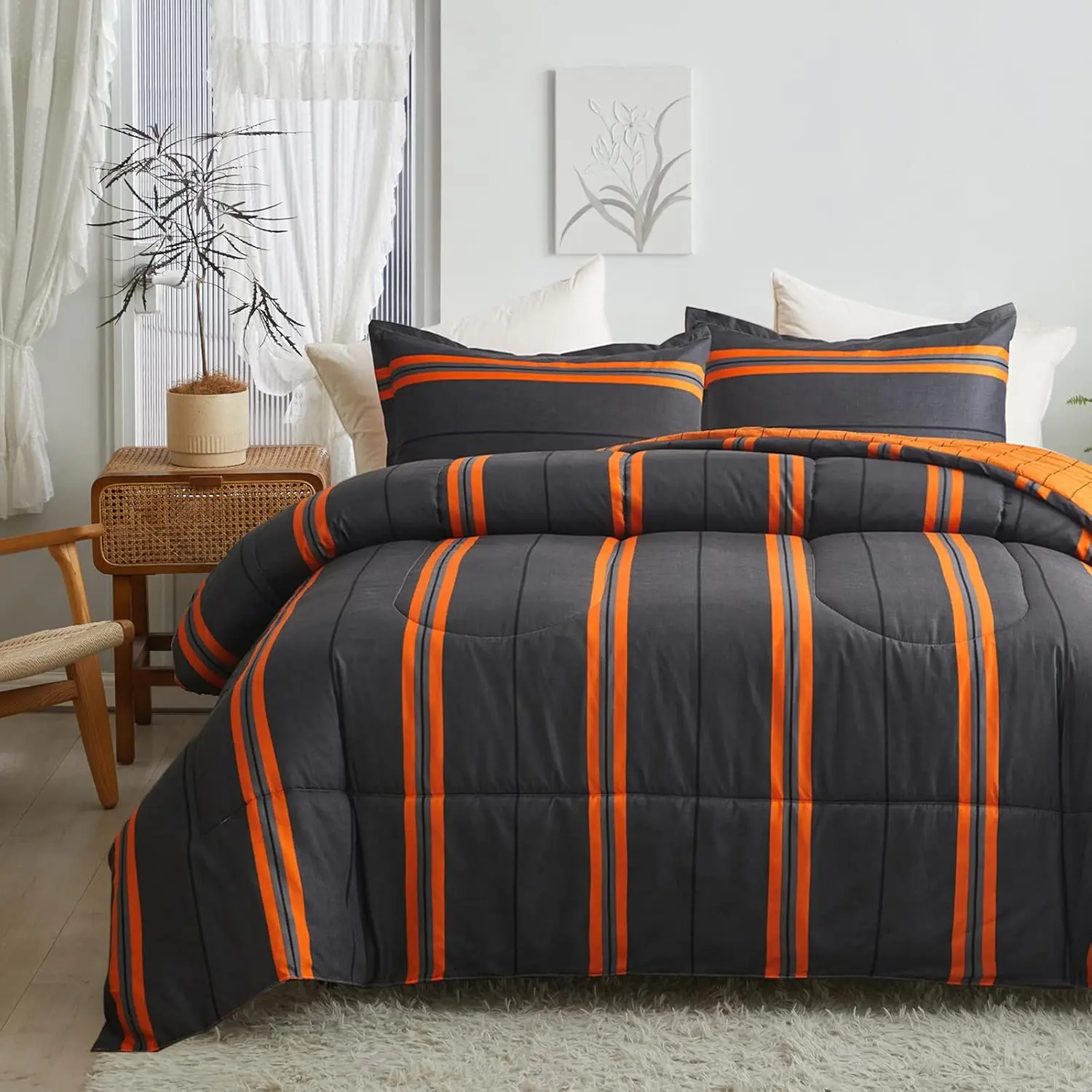 3 Pcs Halloween Comforter Set Full/Queen Size for Women, Bright Orange Striped on Black Dark Grey Soft Microfiber Reversible Bedding Set for All Season