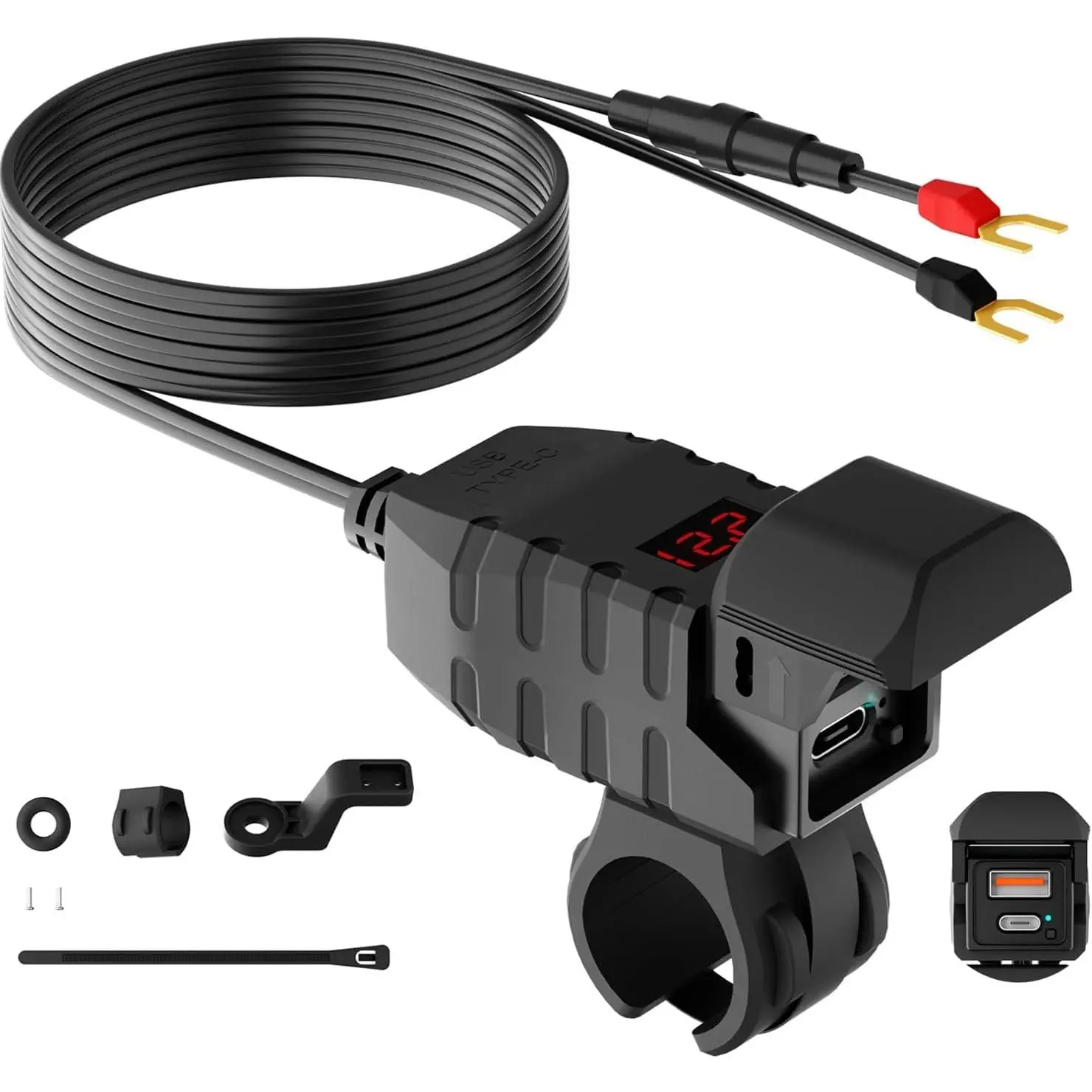Rectangular Functional Type-C Dual 30W Power Motorcycle Charger with PD & QC 3.0, Voltmeter, ON/Off Switch, Waterproof for ATV Dirt Bike Phone Tablet GPS Charging
