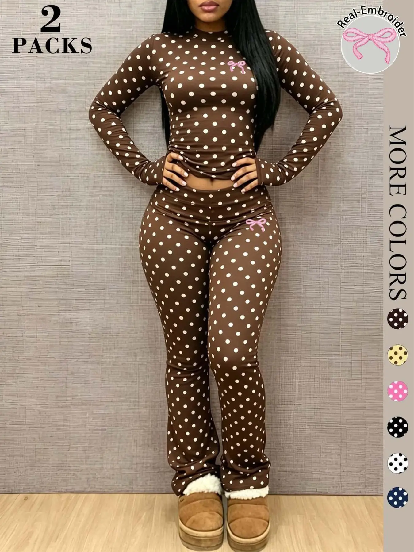Y2K Coquette Polka Dot Butterfly Knot Embroidered Two-Piece Set, Slim-Fitting, High Waist, Bow, All Seasons, Retro Style, Pants