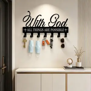 Christian Cross Decoration Metal Hook, Entryway Key Holder, Wall-Mounted Coat Hanger, Gift for Believers, with God All Things Are Possible