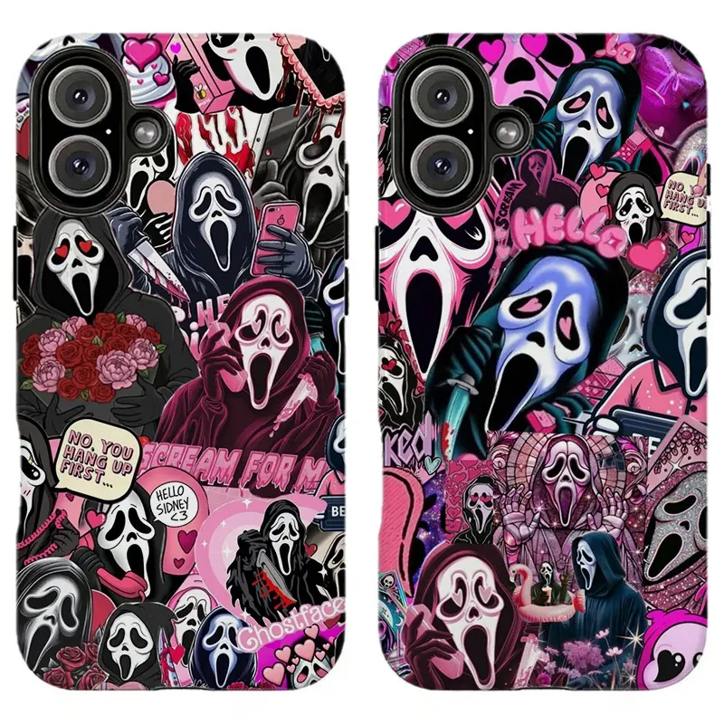 Summerween Pink Goth Ghostface Scream Print Phone Case, for iPhone 11, 12, 13, 14, 15, 16, 17 Pro Max, and Samsung S26, S25, S24, S23, S22, S21 phone cases, Halleween gifts for fans, men, and women, phone cases.