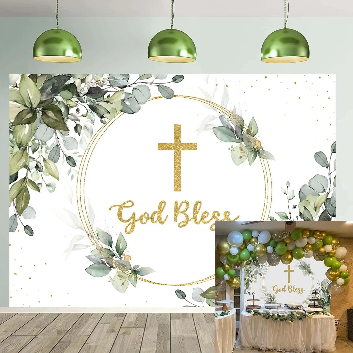 Greenery God Bless Backdrop First Holy Communion Baptism Backdrop 7x5ft Green and  Eucalyptus Green Leaves  Shower Party Decor Background (7X5FT(210x150cm))