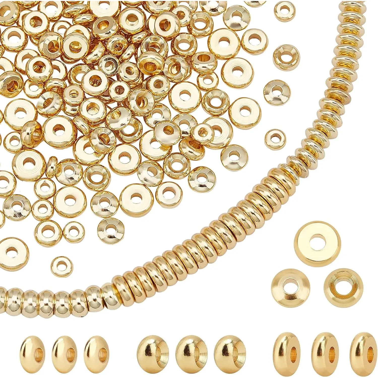 Durable 14K-Plated Brass Heishi Beads - 200-Count Flat Round Disc Rondelle Spacers, 5 Sizes for Jewelry DIY, Friendship Bracelet Making