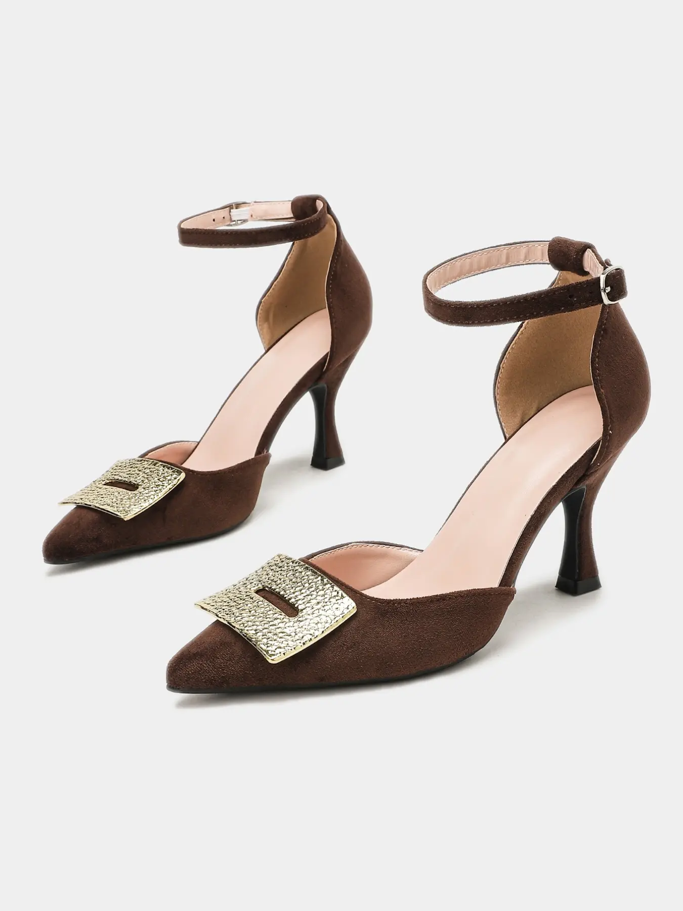 Women's Multi-color Faux Suede Pointed Toe Flared High Heel Pumps, Wine Red/Black/Brown/Purple Available, Adjustable Buckle Ankle Strap with Hammered Metal Square Buckle, Vintage Luxury Formal Shoes for Wedding, Banquet, Office & Party, EU Size 35-42