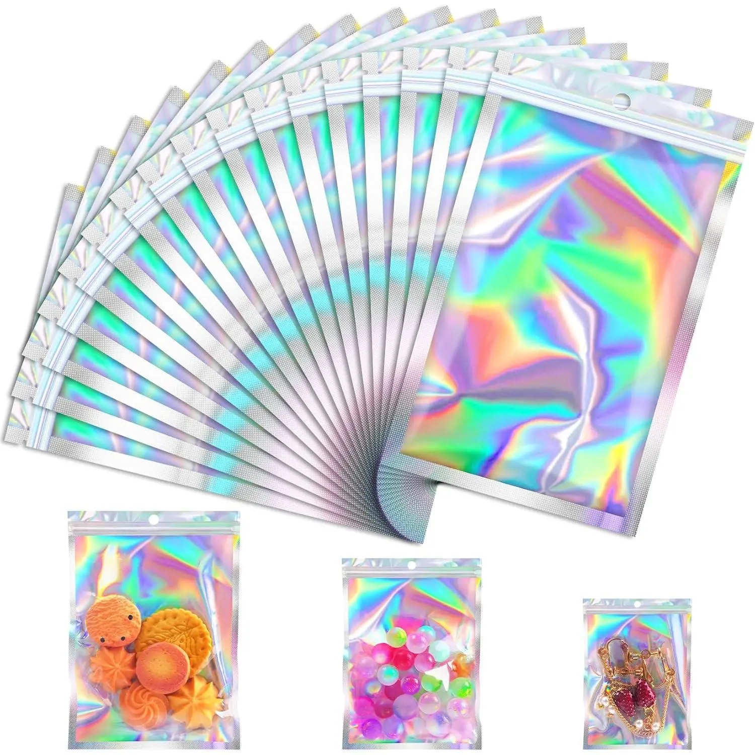 100 Pcs Holographic Mylar Bags, Smell Proof & Resealable Bag  Small Business, Foil Freshie Bags  Treat,Jewelry, Candy, Keychain, Package, Christmas Gift Bags, Goodie Baggies (3x5in)