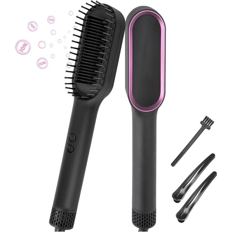 Generic Negative Ions Hair Straightener Brush, 3D Comb Teeth Fast Heating 30 Seconds Salon Quality for Straight Curly Hair with 2 Hair Clamps 1 Cleaning Brush for Home Travel Gifts (Black Red)