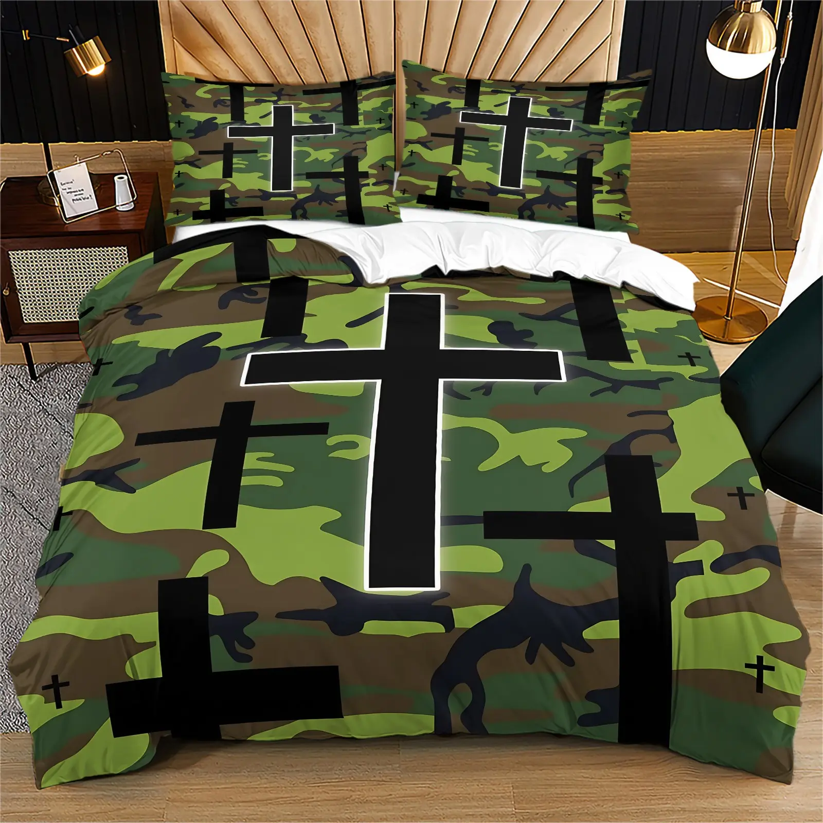 Military Camo Cross Duvet Cover 2/3Pcs Set, Green Camouflage Black Cross Themed Bedding Set, Soft Microfiber Zipper 1 Duvet Cover & 1-2 Pillowcases for Boys Teen Bedroom Gift Bed Sets