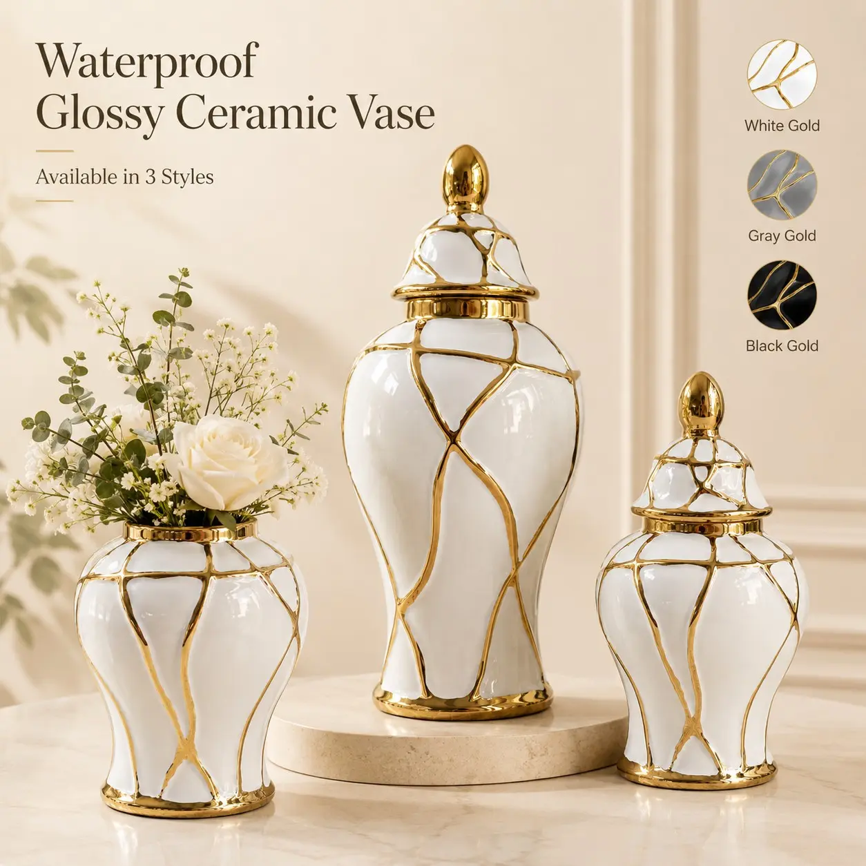 Luxury Ceramic Ginger Jar with Lid, Glossy Waterproof Vase for Flowers, Geometric Design, Elegant Decorative Piece, 3 Colors Available