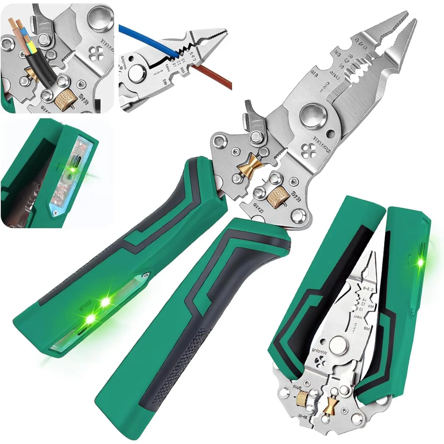 16-IN-1 Foldable Wire Stripping Pliers, 2026 New Rechargeable 12-250V AC/DC Tester  Hot/Neutral Wires, Multifunctional Wire Cutters  Wire Stripping, Cutting, Crimping, Splitting (Green)
