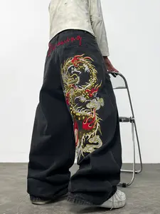 American Vintage Dragon Embroidered Loose Jeans, Embroidered Casual Jeans, Streetwear Hip-Hop Fashion, Y2K Cool Style, Wide Leg Pants, Multiple Sizes Available
