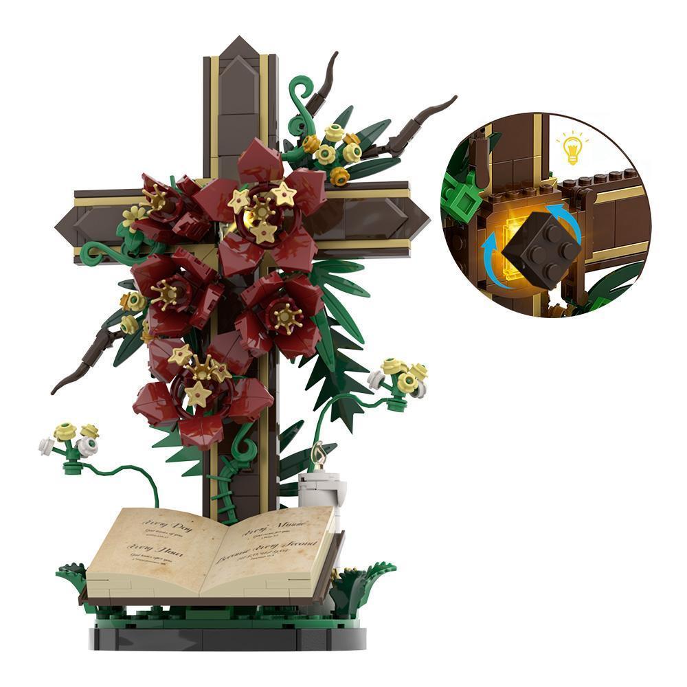 MOC Cross Flower Building Blocks Jesus Cross Tulip Decorative Bricks Adult Toy Christmas Gift
