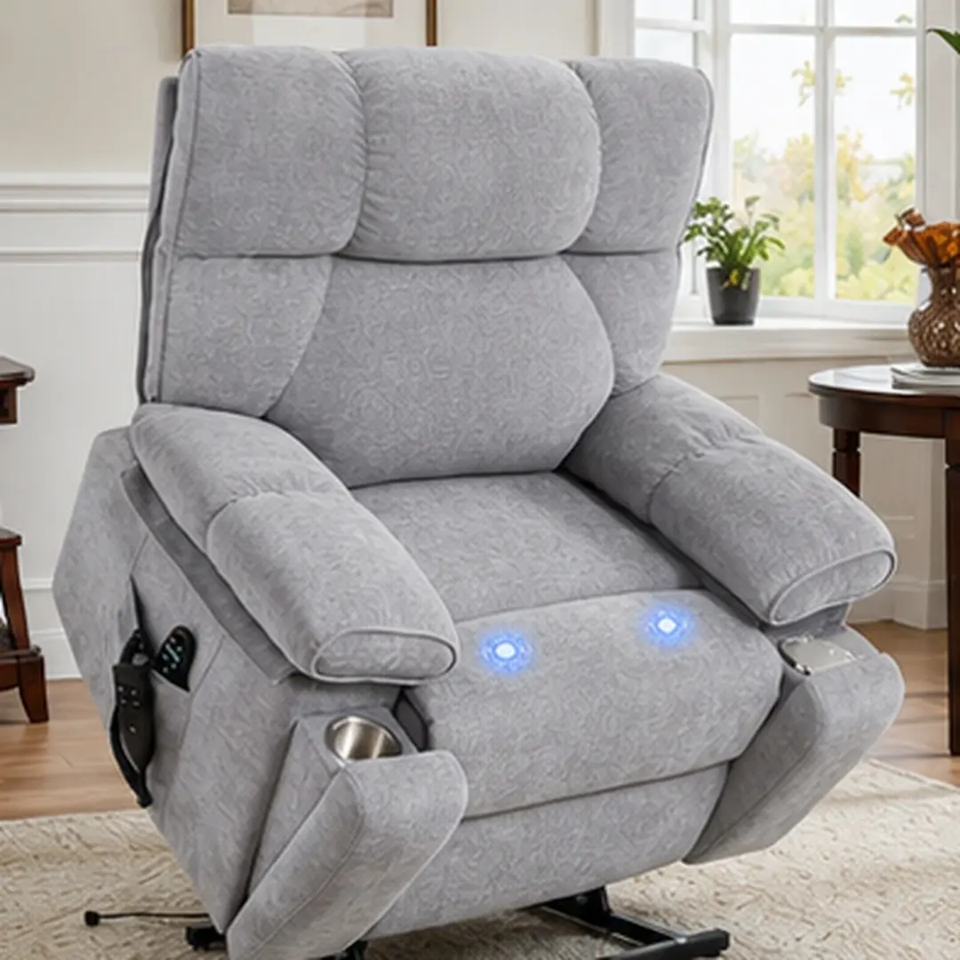 ARCH Grey Chenille Dual Motor Power Lift Recliner Chair - Push Button, American Design, Heat & Massage, Infinite Position, 350lbs Capacity, Medium-Firm, Hidden Cup Holders, Assembly Required, Clean with Dry/Damp Cloth, Living Room Furniture for Elderly, A