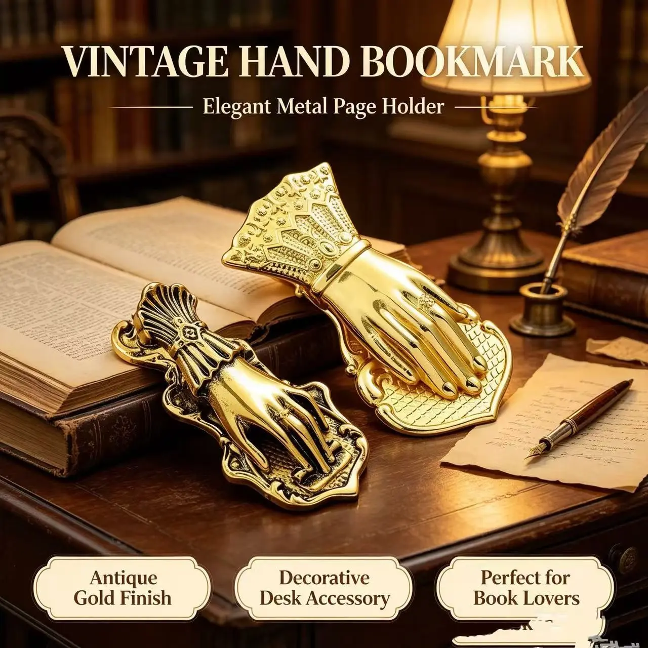 Golden Bookmark, Vintage Hand Shaped Clip, Metal Plated, Ideal for Girls, Sisters, Friends, Men, Women, Perfect Gift