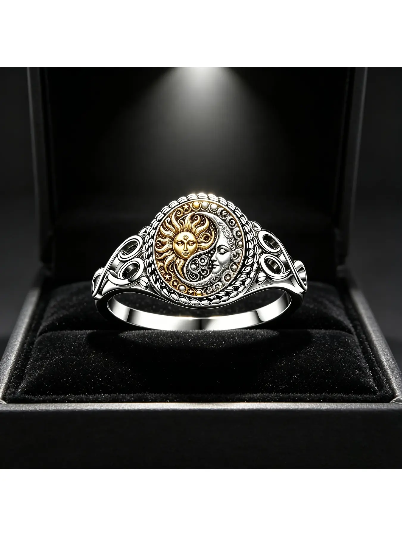 Lady's Retro Hollow Pattern Round Ring - Gold and Silver Color Contrast Yin-Yang Sun-Moon Human Face Star-Crescent Relief Pattern Jewelry - Mysterious Retro Celestial Mystic Style Artistic Personalized Daily Gift Decoration