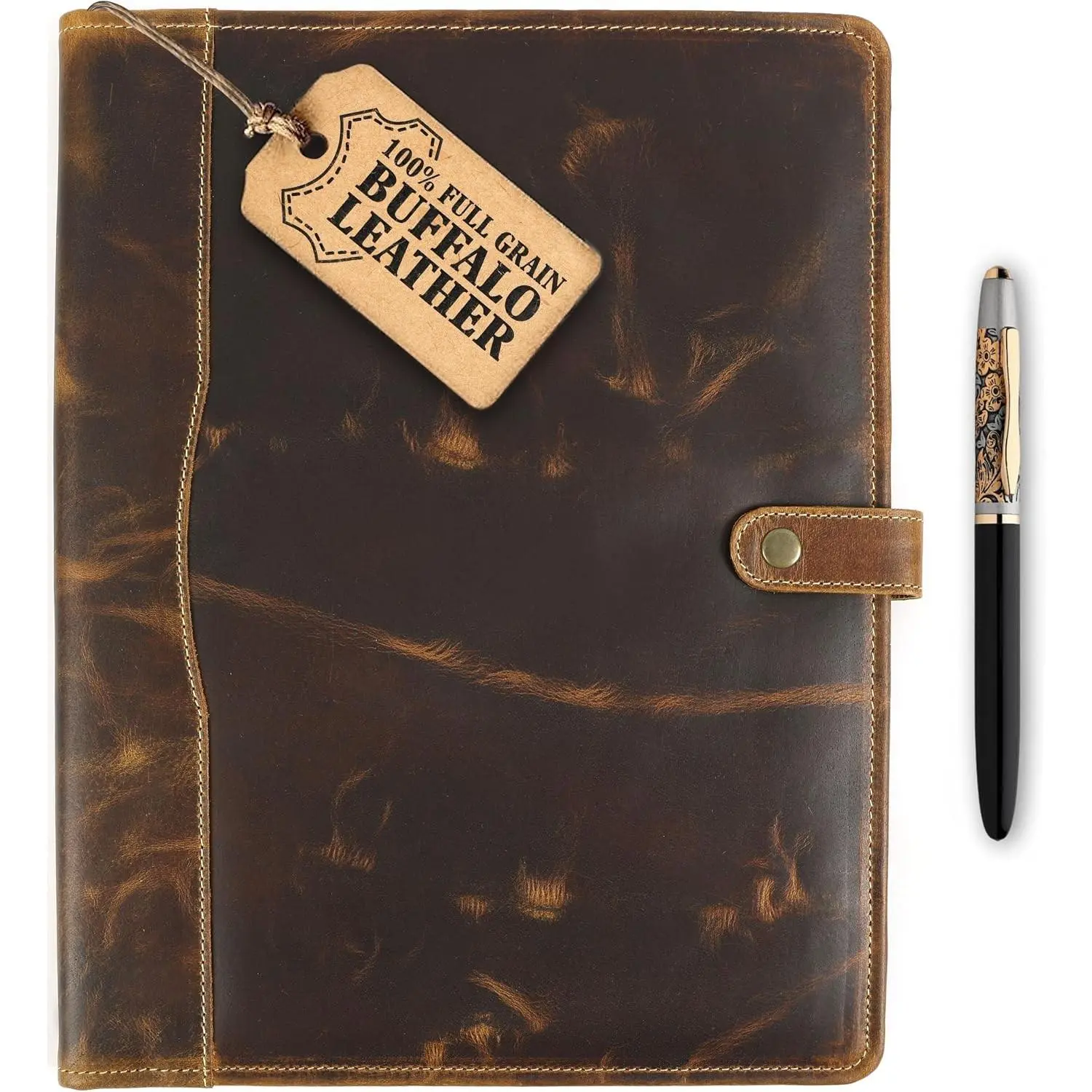 Leather Portfolio, Leather Binder with Pen, Resume Organizer & Padfolio for Men and Women | Business Portfolio with Card Holder & Document Organizer (Antique Brown)