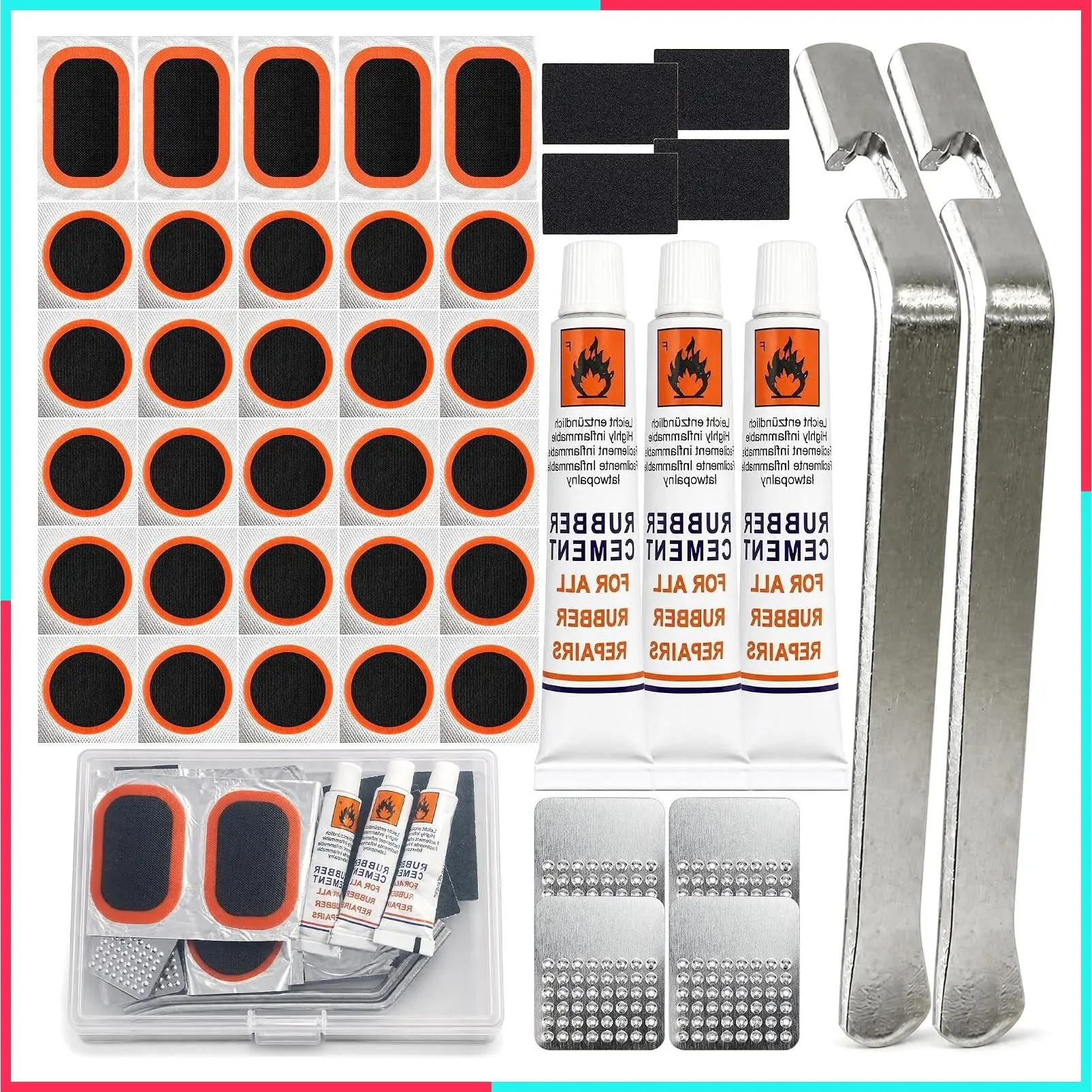 Bike Tire Repair Kit 43 PCS, Bicycle Inner Tube Puncture Patch Kits with 30 Vulcanizing Patches, Metal Tire Lever & Rasp, Portable Bike Tire Patch Kit for MTB, Road Bike