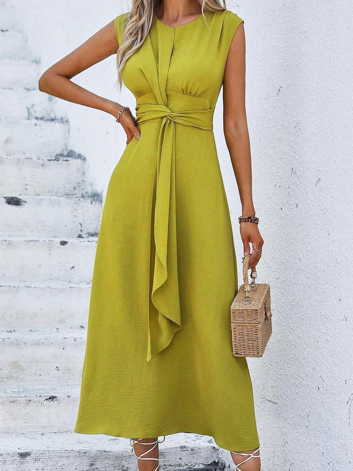 Women's Sleeveless Round Neck Plain Waist-Cinched A-Line Dress with Slimming Front Design, Perfect for Daily Commute