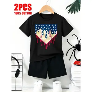 Casual Style Independence Day Boys 2pcs Short-Sleeve 100% T-Shirt And Shorts Set American Flag Baseball Drip Design Summer Outfit for Kids Perfect Gift for Young Sports Fans, for Outdoor