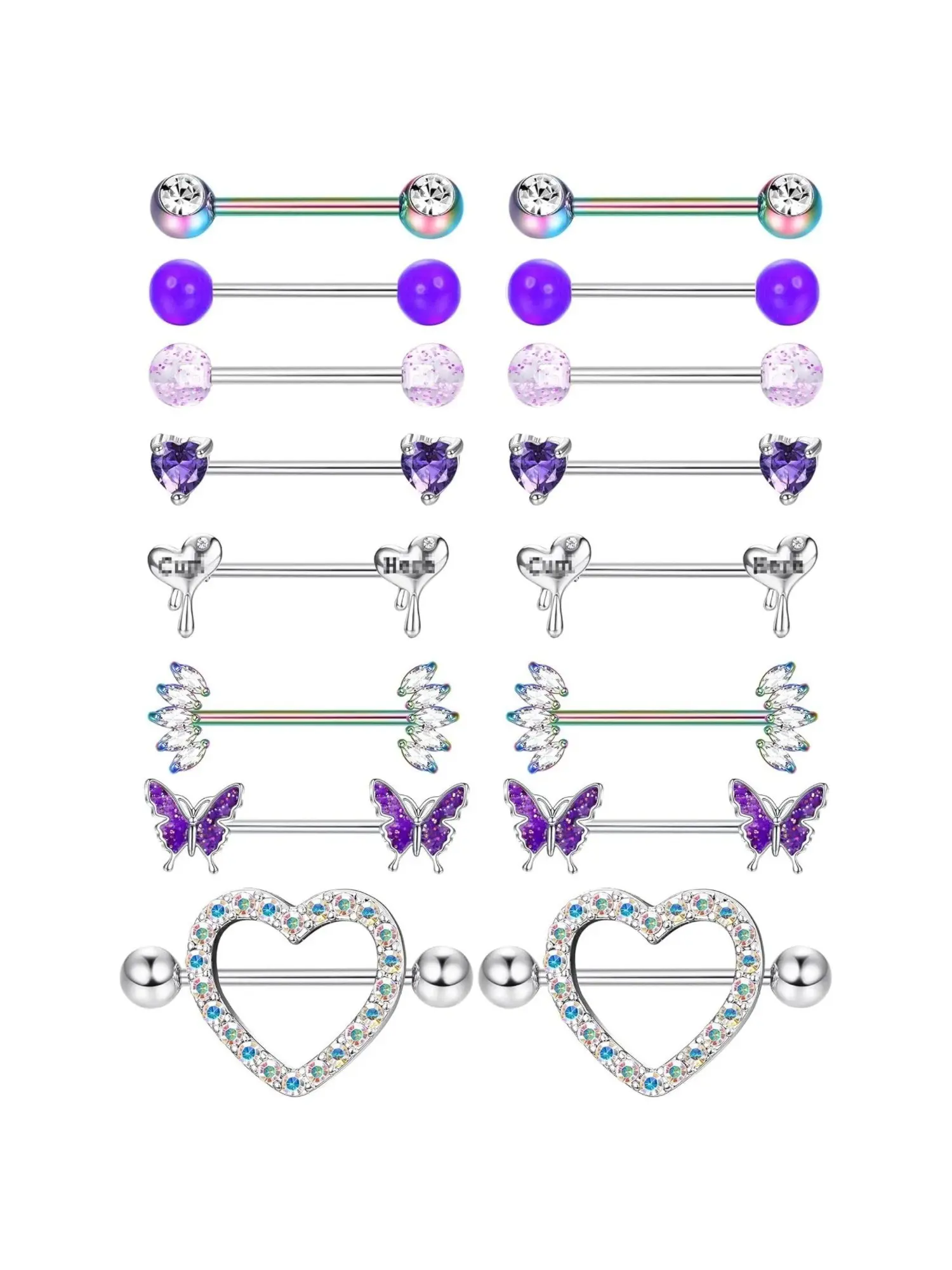 8 Pairs 14G Nipple Piercing Set Surgical Steel Nipple Piercing Hoop Butterfly Heart CZ Nipple Rings with Chain Tongue Bars Nipple Piercing Jewelry Body Jewellery for Women Body Piercing Kit