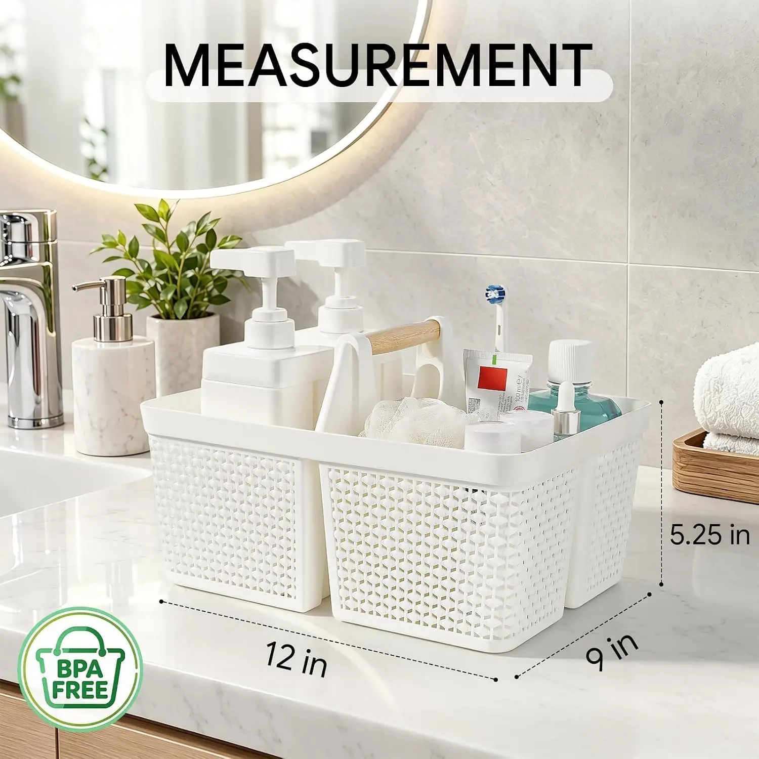 Plastic Shower Caddy Basket with Wooden Handle, White - Divided Storage Organizer Tote for Bathroom, Dorm, College, Kitchen & RV