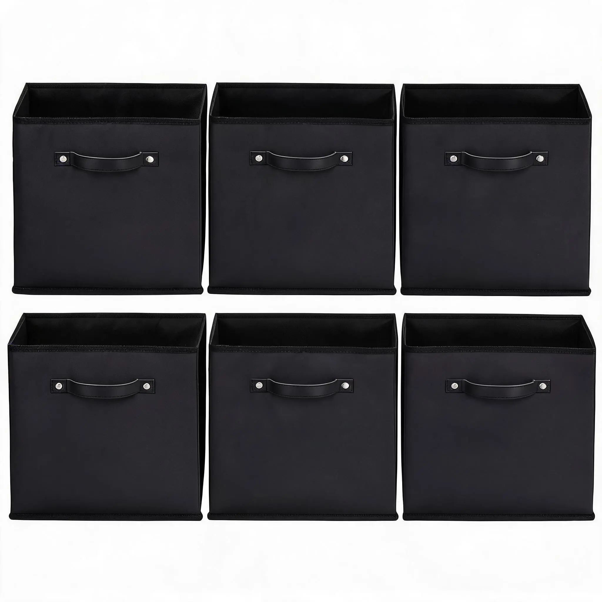 6-Pack 11-Inch (26x26x28 cm) Collapsible Fabric Storage Bins, Open-Top Cube Bins Organizer with Reinforced Faux Leather Handles, Foldable Non-Woven Boxes for Farmhouse Room Cube Shelves, Closets