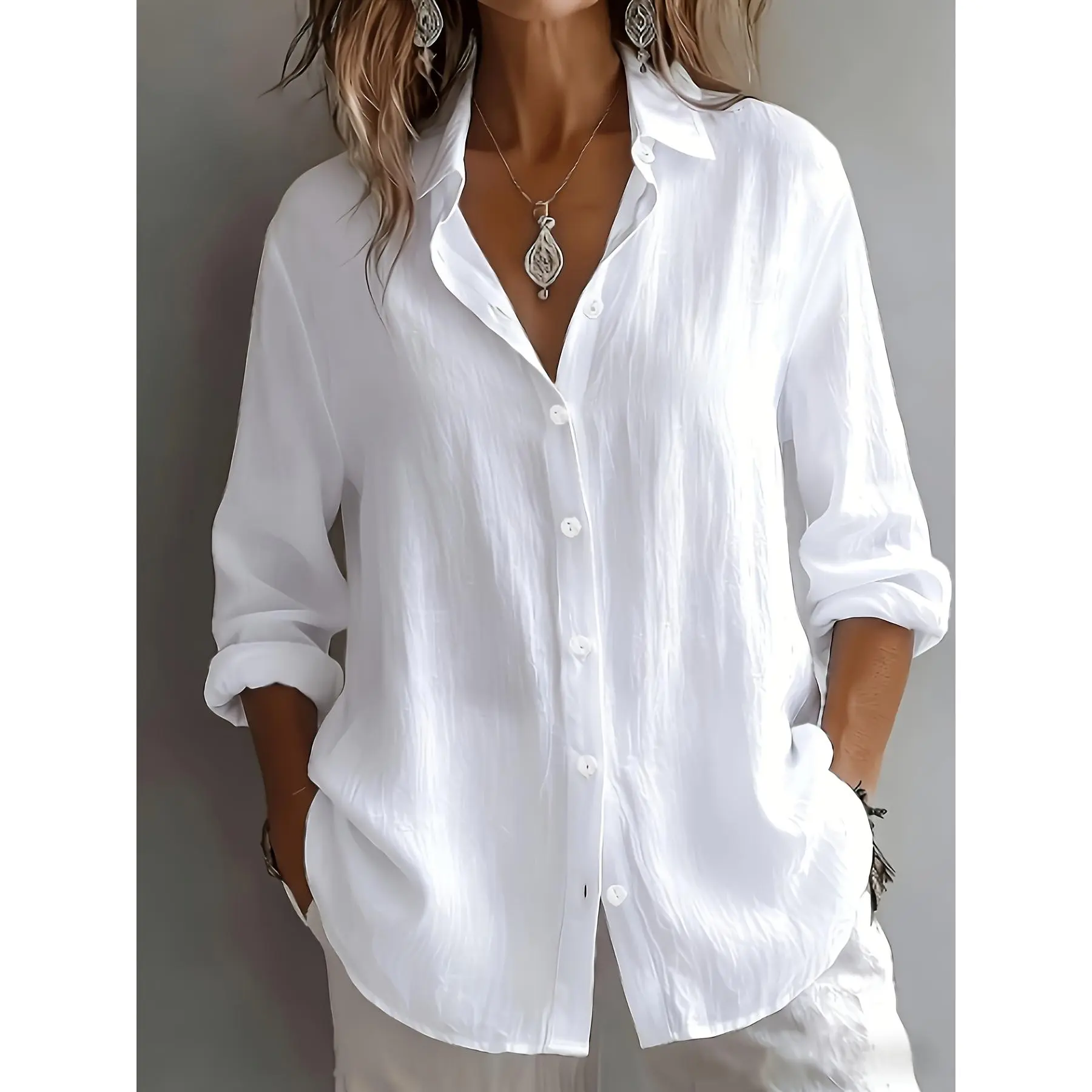 Women's stylish collared shirt, loose-fitting long-sleeved single-breasted top that conceals body fat and gives a slimming