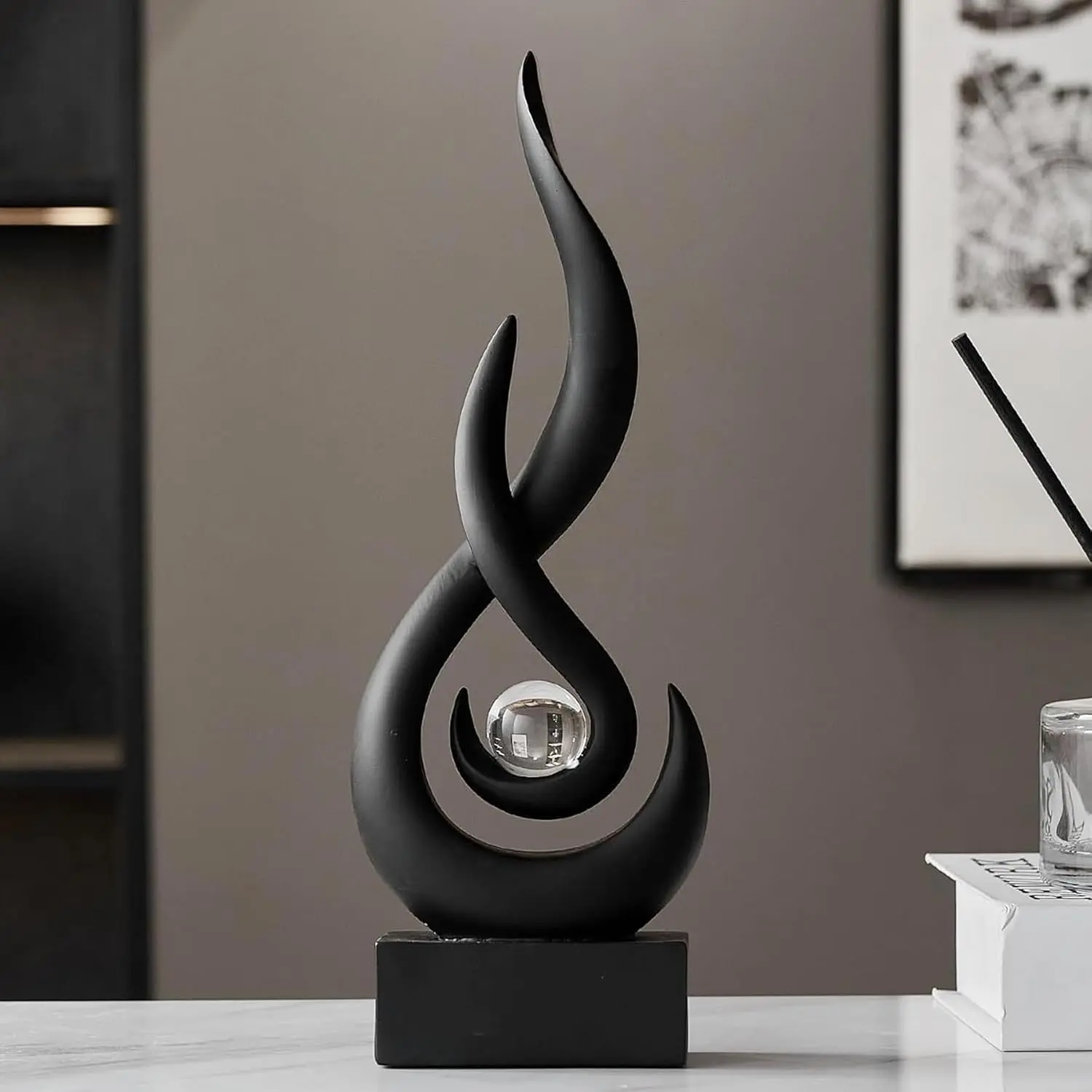 Black Abstract Statue Sculpture Decorations, 11.61" H Modern Sculptures  Décor Accents,  Art Flame Figurines for Living Room Table Centerpiece Office Desk TV Stand Decor