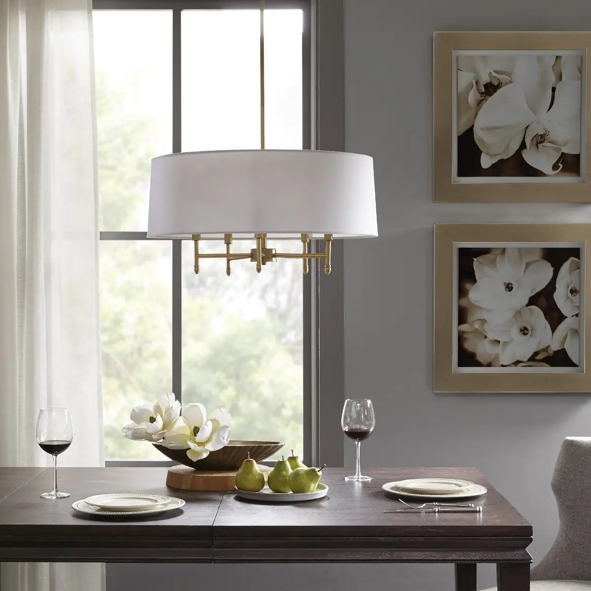 Nokaa 5-Light White Drum Shade Chandelier Transitional Ceiling Light Fixture with Adjustable Height for Living Room Dining Room Bedroom Kitchen Island Hallway Entryway Foyer Indoor Hanging Lamp, Gold Finish, Cotton Shade, E26 Bulbs Not Included