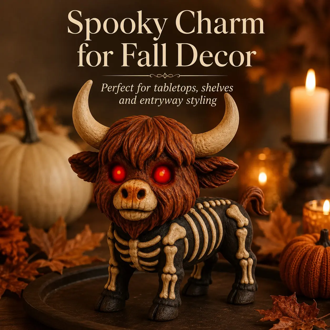 Halloween Highland Cow Skull Resin Ornament, Creative Home Decor, Night Light Ghost Atmosphere, Cute Horror Gift, Office & Living Room Decoration