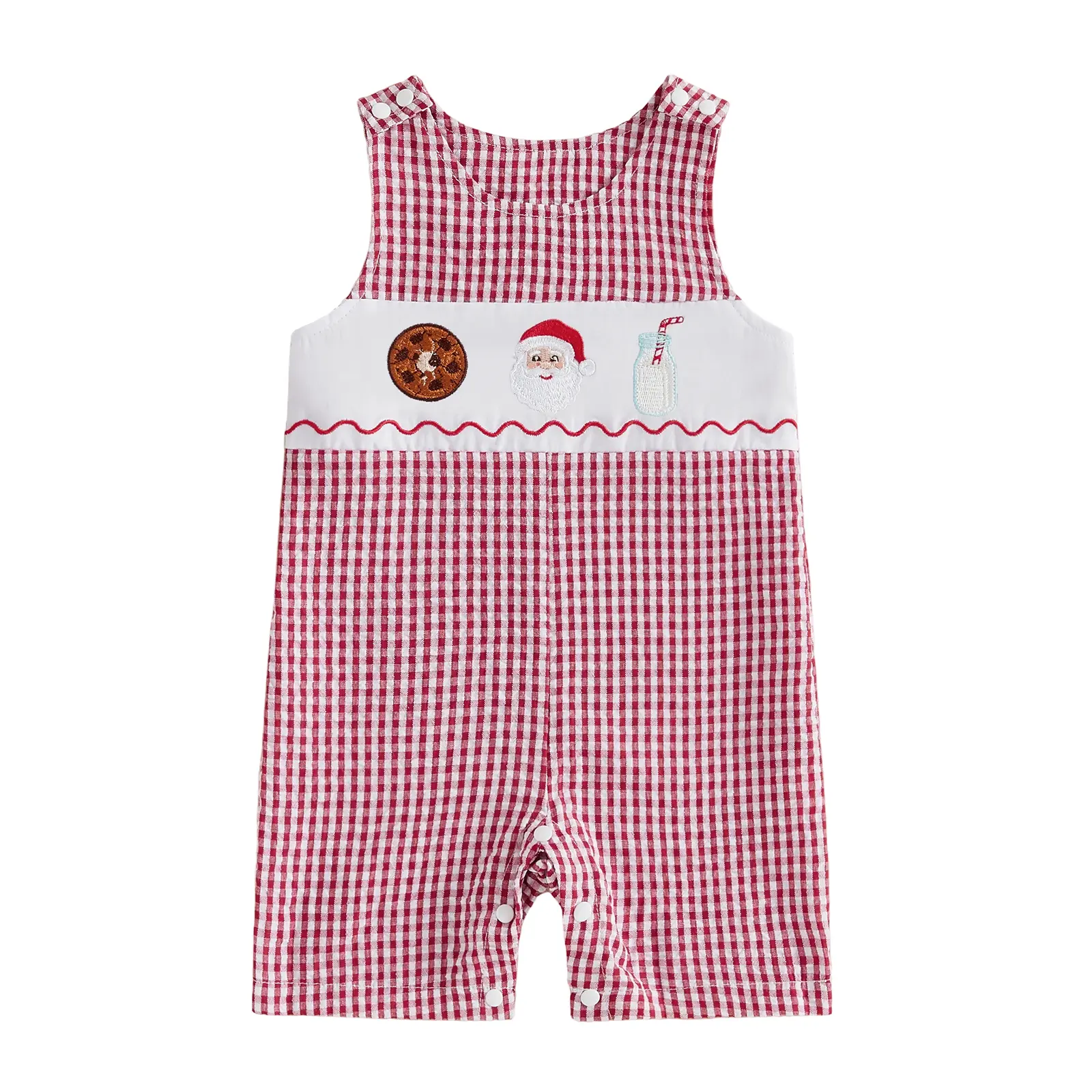 Infant Baby Boy Christmas Jumpsuit Cute Santa Claus Embroidery Plaid Print Overalls Sleeveless Romper 0-24 Months