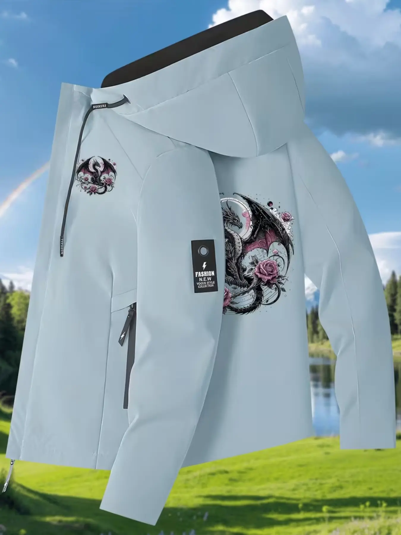 Women's Dragon Graphic Slim-Fit Jacket, Lightweight Warm Long Sleeve Zip-Up Hooded Coat, Casual Outdoor Fashion for All Seasons