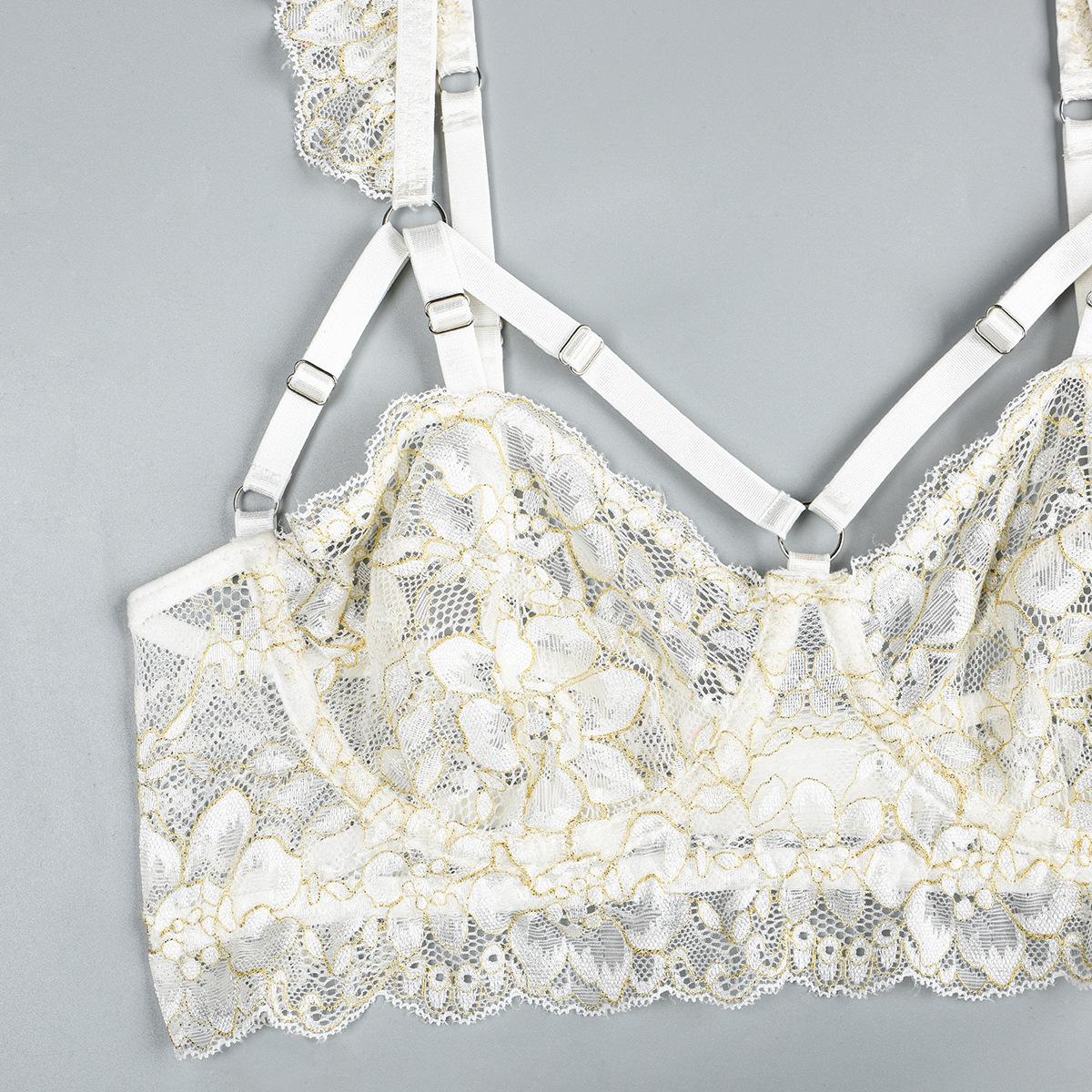 White Wedding Lace Stitching Suit Three-Layer Folding Puffy Three-Dimensional Mesh Three-Piece Set Womenswear Lingerie Basic Minimalist